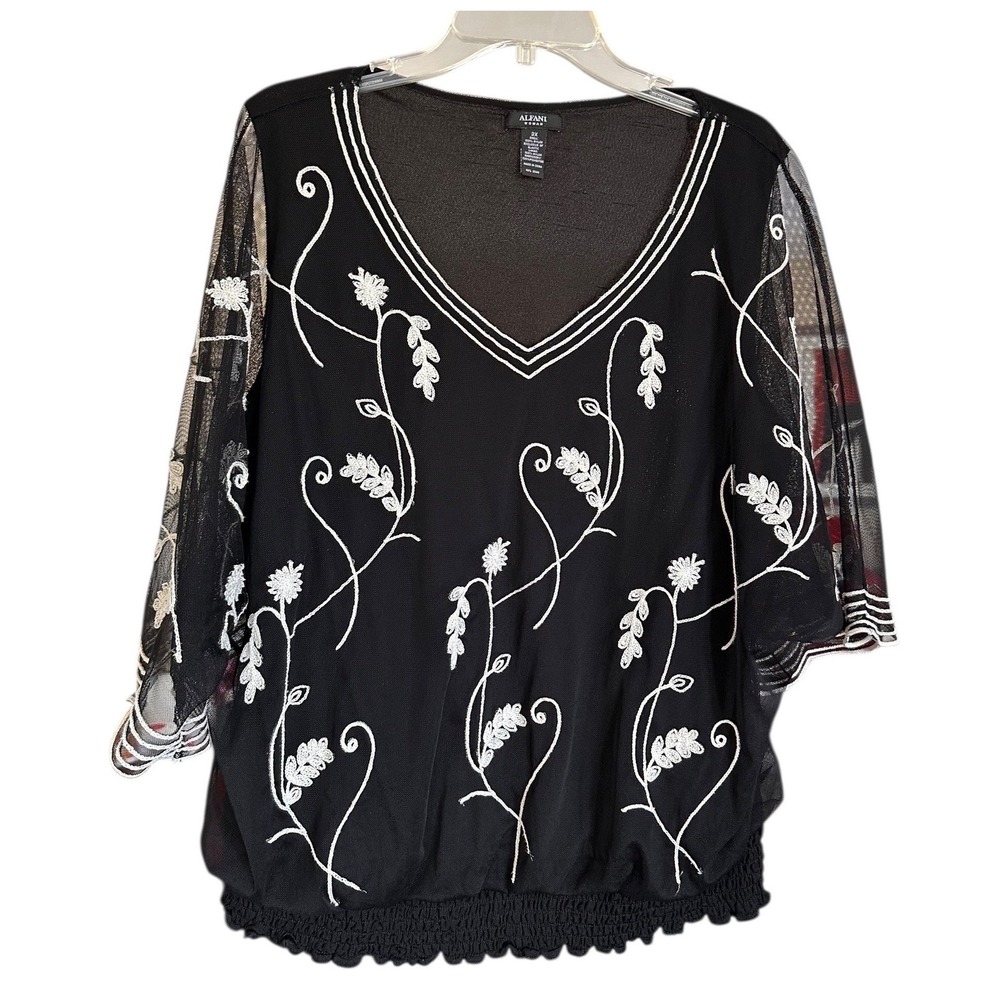 Alfani Woman‎ Black Mesh Embroidered V-Neck 3X Top Sheer Sleeve Beaded Floral